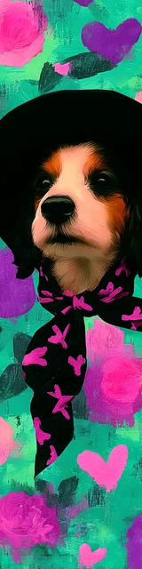 Free dog bookmarks featuring a bold blue green dog with a black hat